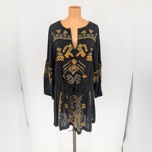 Free People Anouk Black Combo Gold Olive Embroidered Long Sleeve Mini Dress Sz M
